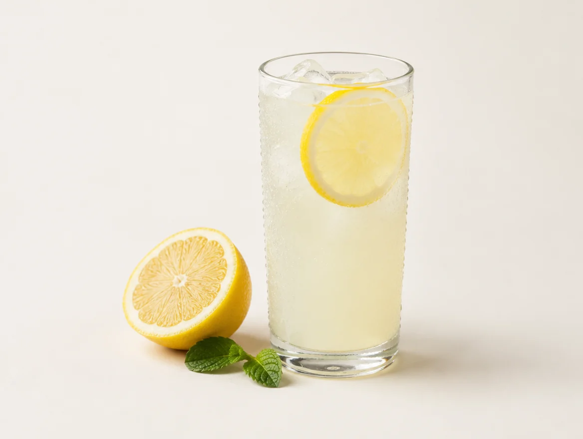 Buzlu bardakta doğal limonata, yanında yarım limon ve nane