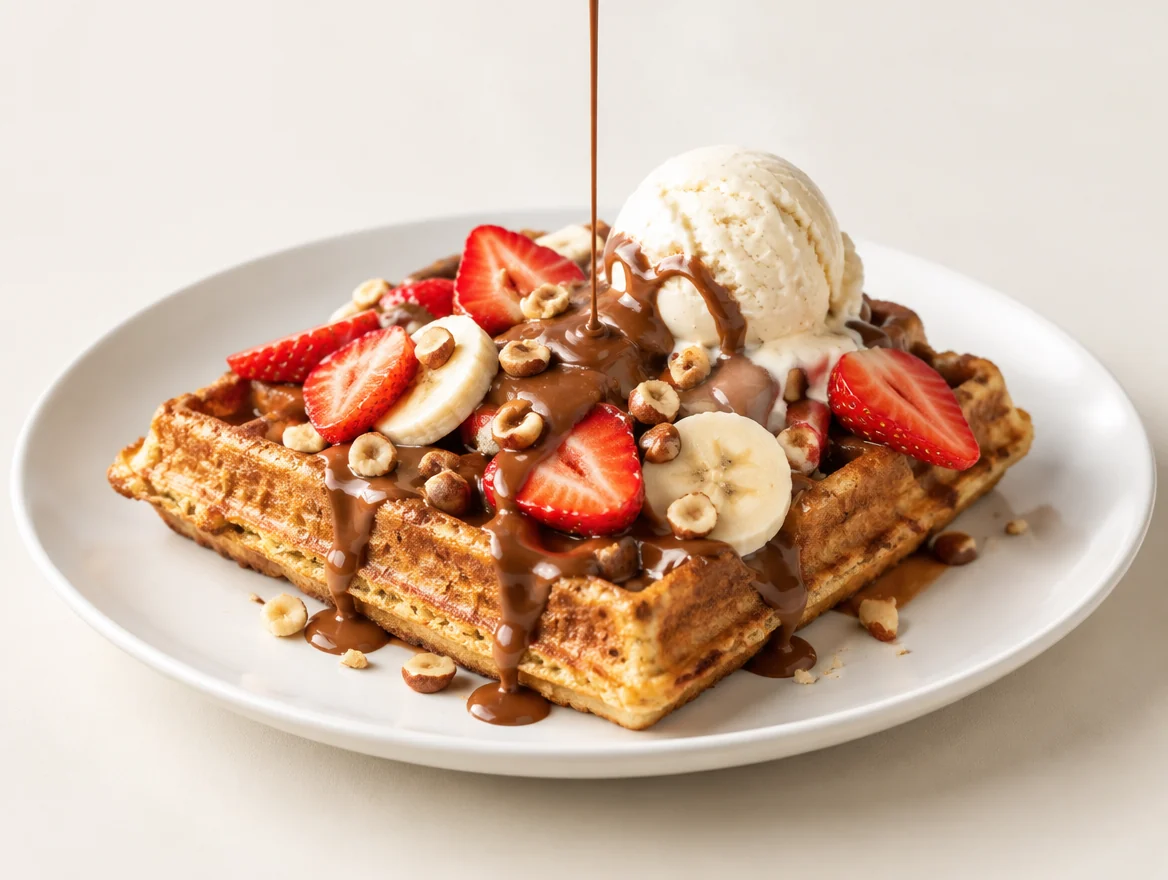 Beyaz tabakta çikolata soslu, meyveli ve dondurmalı Belçika waffle'ı