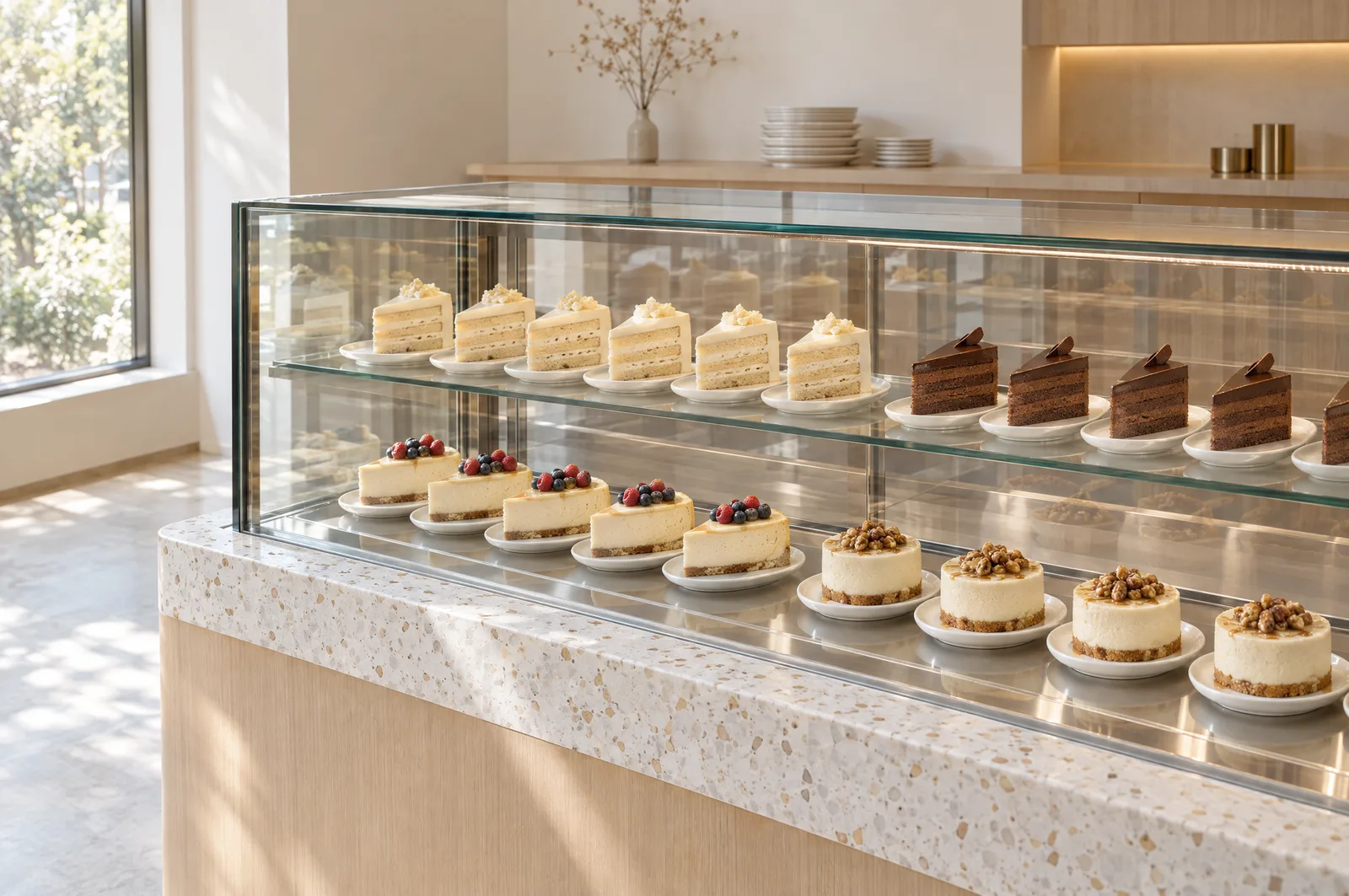 Kafe tatlı vitrininde eşit dilimlenmiş pasta ve cheesecake sıraları