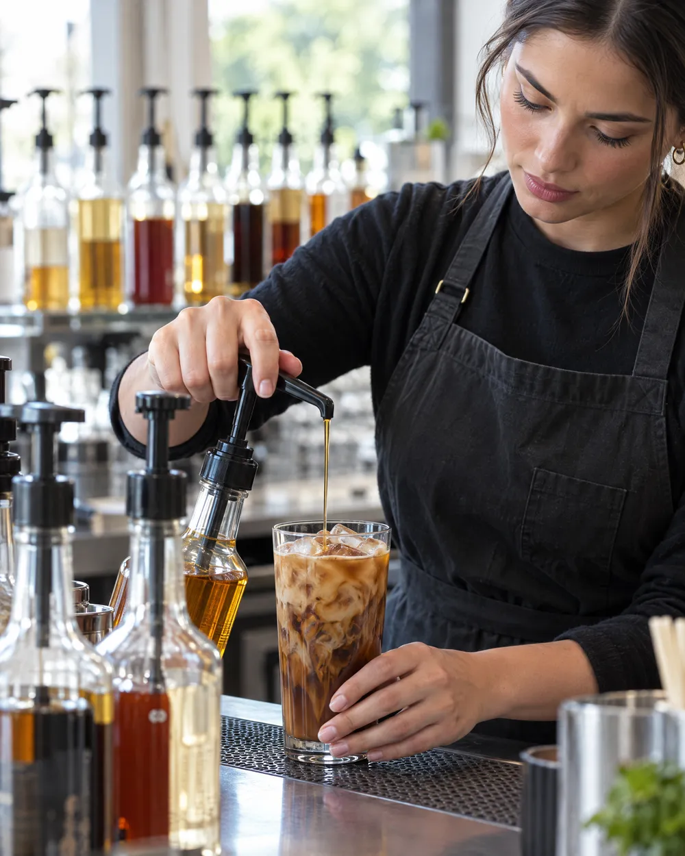 Bar tezgâhında buzlu içeceğe pompayla şurup ölçen barista