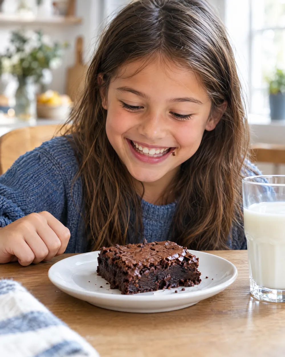 Tabağındaki brownie'yi mutlulukla yiyen bir çocuk