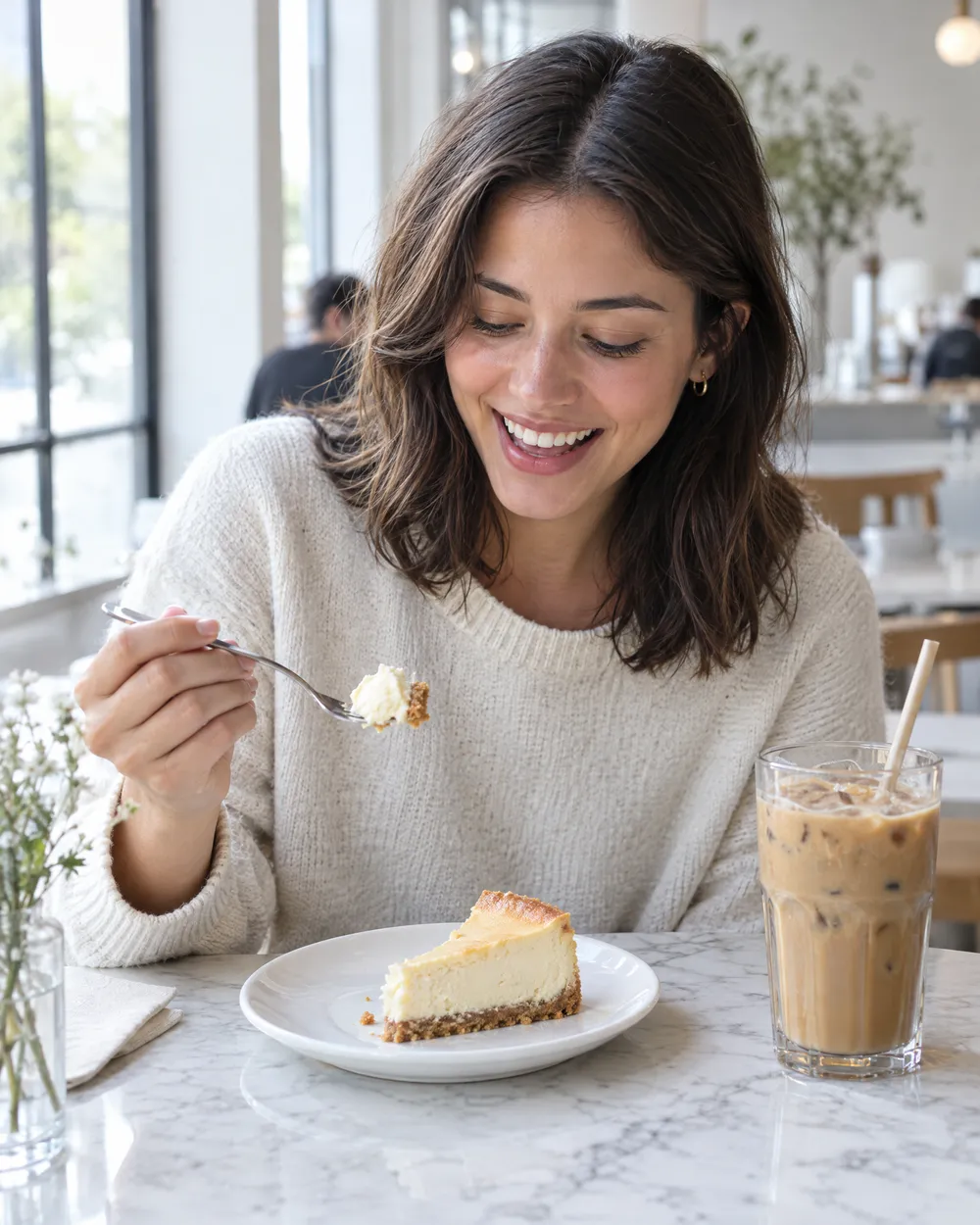 Kafede cheesecake dilimini yiyen genç bir müşteri