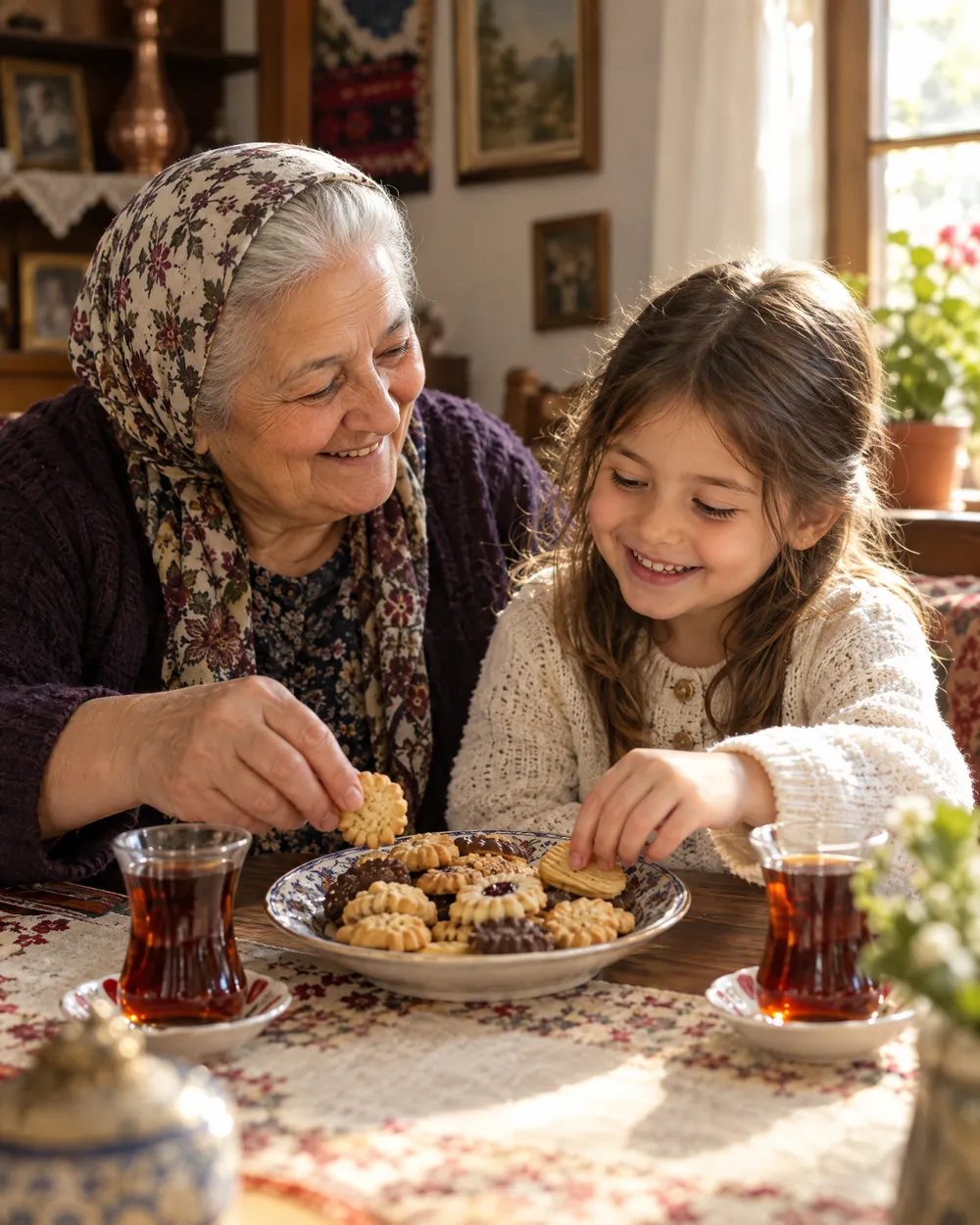 Çay eşliğinde kurabiye paylaşan büyükanne ve torunu