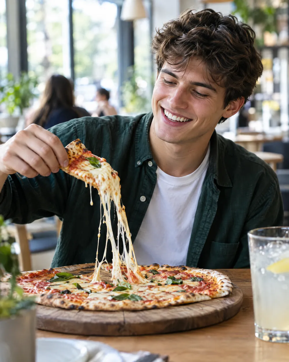 Tahtadan sıcak pizza dilimi alan genç bir müşteri