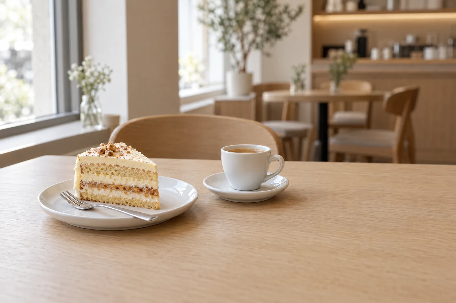 Kafe masasında bir dilim katmanlı pasta ve yanında espresso