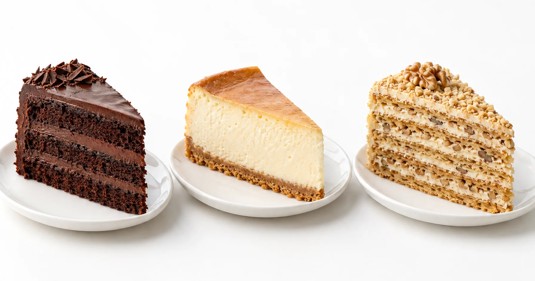 Beyaz tabaklarda üç farklı pasta dilimi: çikolatalı katmanlı, cheesecake ve ballı cevizli