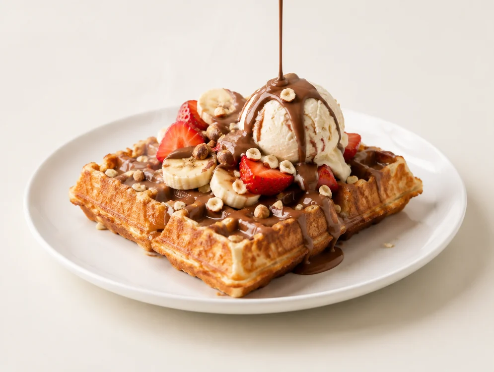 Çikolata sosu dökülen waffle porsiyonu
